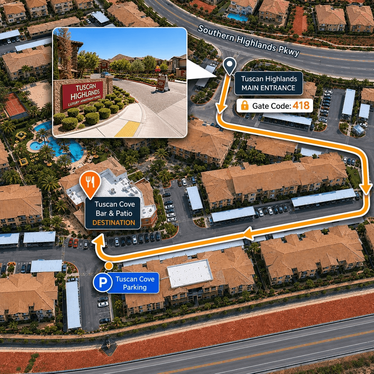 Aerial wayfinding map showing the route from Southern Highlands Pkwy to Tuscan Cove parking
